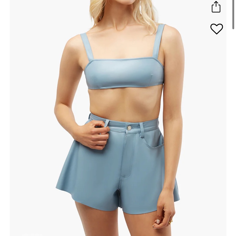Weworewhat vegan leather flare bell short and bra top Set in Blue (storm) color